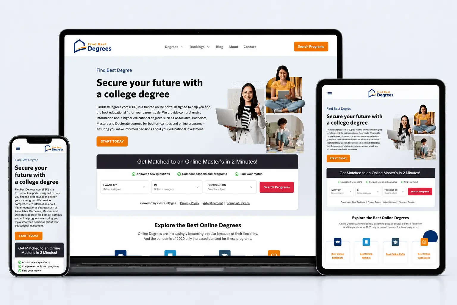FindBestDegrees on laptop, tablet, and mobile — responsive WordPress education site